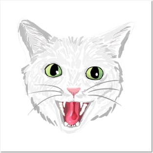 White cat hissing (green eyes) Posters and Art